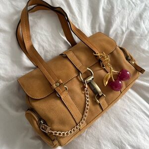 Elegant Tan Leather Handbag with Cherry Charm